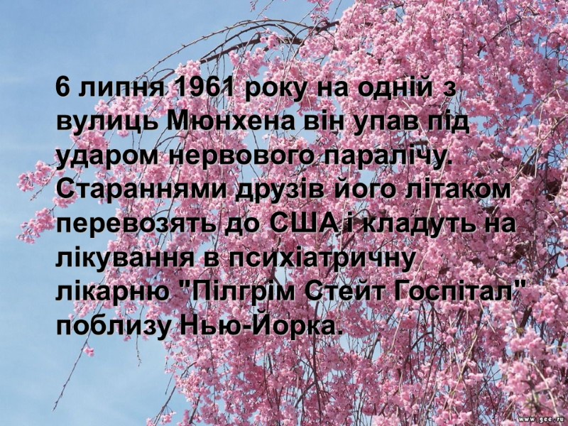6 липня 1961 року на одній з вулиць Мюнхена він упав під ударом нервового